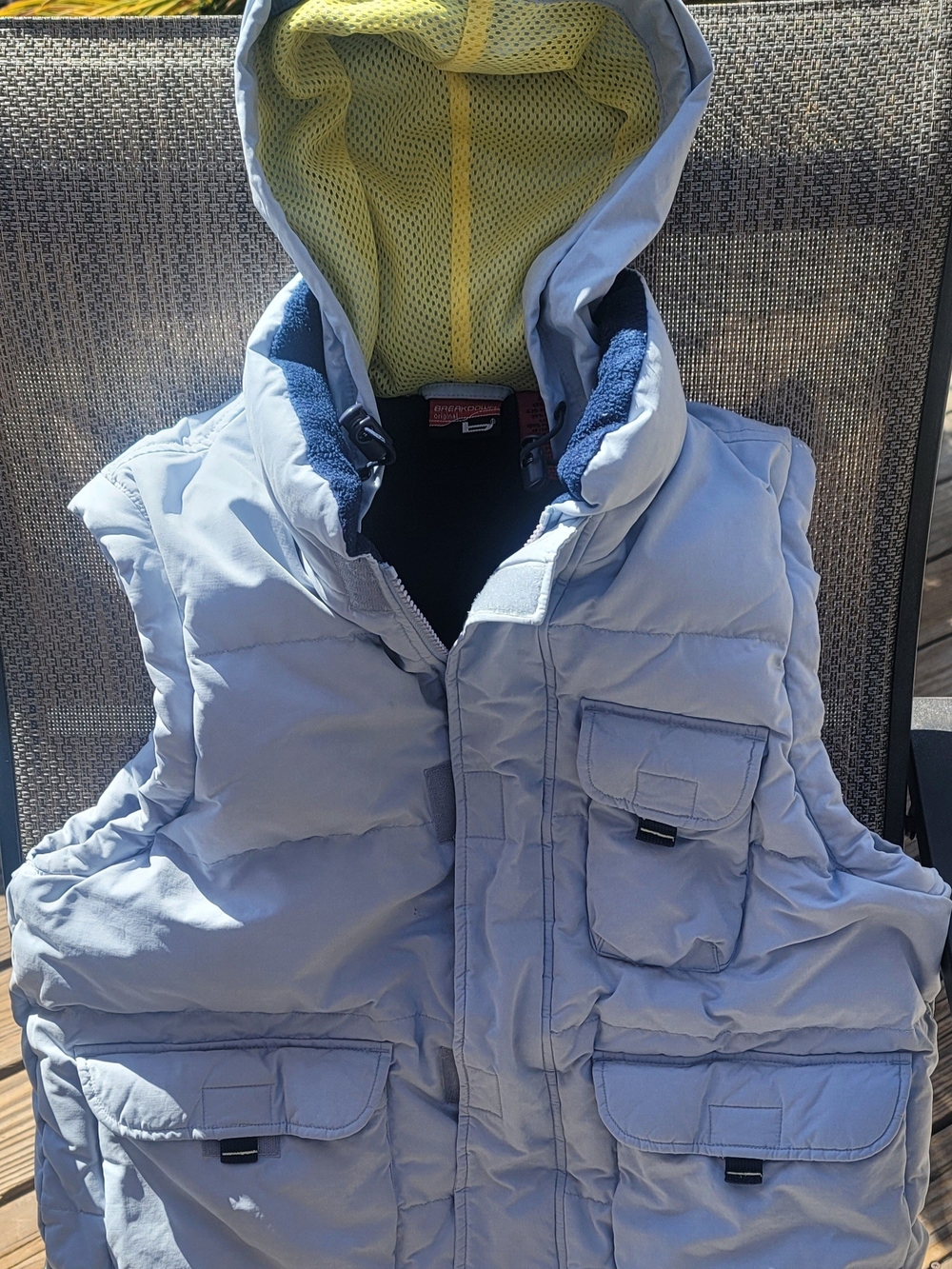 Men's Light Gray Down Quilted Hooded Vest with Yellow Hood Lining